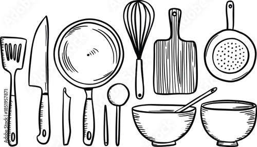 Set of hand drawn kitchen utensils doodle vector illustration