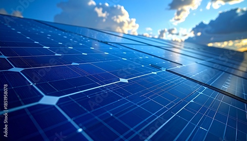 Solar panels installed on a rooftop with a clear blue sky and clouds in the background