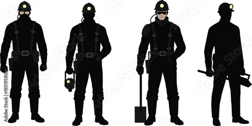Miner silhouette, underground workers, safety gear, black illustration, mining tools, helmet light, industrial labor, protective outfit, teamwork pose, rugged profession