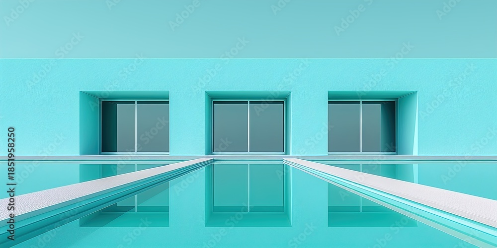 Fototapeta premium Modern turquoise building with pool and windows reflection