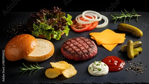 Gourmet burger ingredients laid out deconstructed, vibrant colors, commercial hero-shot style. white background