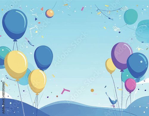 Floating Celebration: A vibrant collection of colorful balloons floats in a festive sky, creating a whimsical and cheerful atmosphere, with scattered confetti adding a touch of playful celebration.