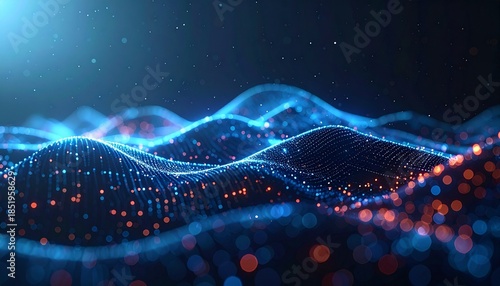 Abstract digital wave data visualization representing glowing particles and light streaks with a dark blue background