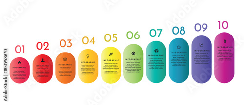 Colorful horizontal infographic with 10  steps, rounded gradient elements, numbers, and icons. Clean modern business process timeline.