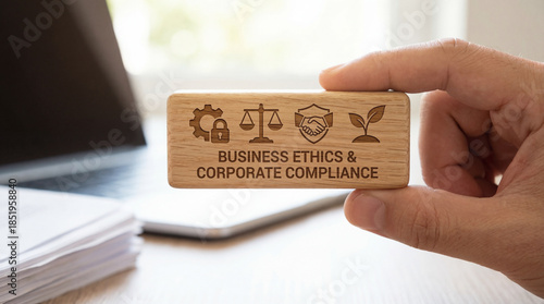 Businessman hand holding wooden block with Business Ethics and Corporate Compliance text and icons. Legal integrity, moral responsibility and ESG sustainability concept on office desk background