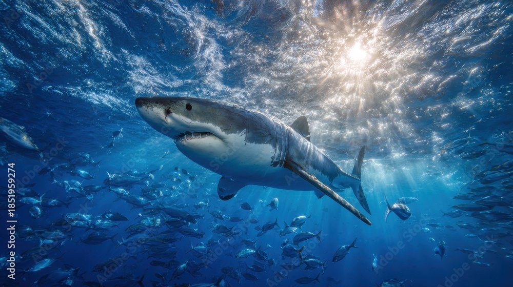 Fototapeta premium A large shark moves gracefully through deep blue ocean water surrounded by a group of fish. Sunlight shines through the surface, creating a lively atmosphere underwater