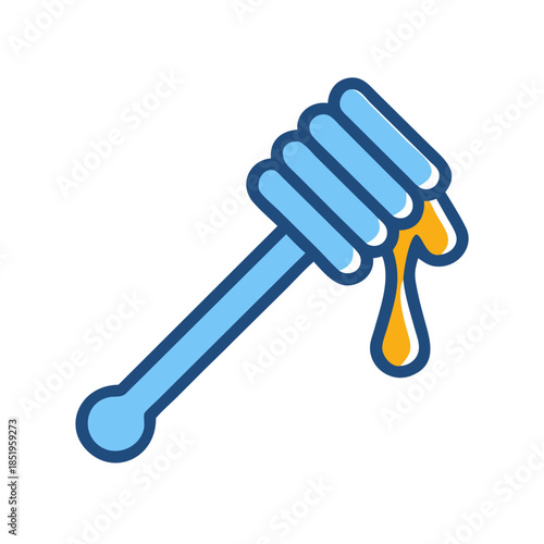 Blue honey dipper with dripping golden liquid on white