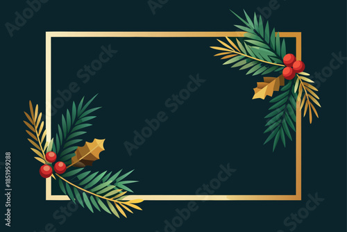 Elegant Christmas border frame with lush green pine needles, vibrant red berries, and festive accents.