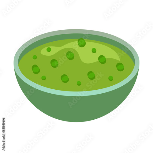 Bowl of green soup illustration on white background