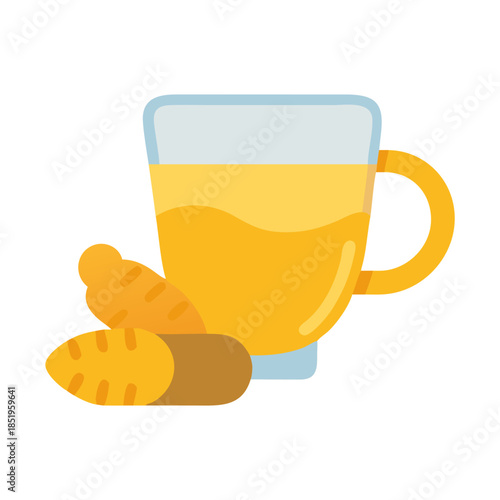 Golden Milk Latte with Turmeric Roots Illustration on white