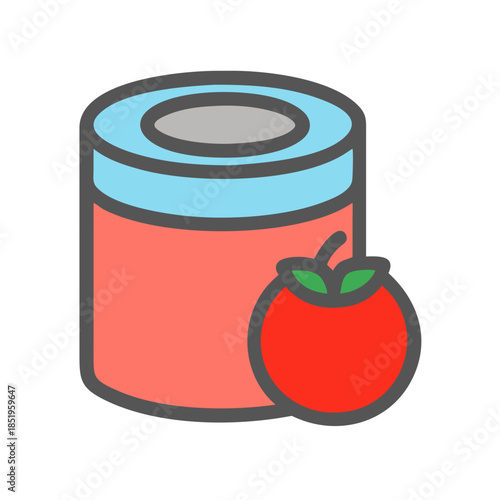 Canned tomatoes next to a fresh tomato illustration