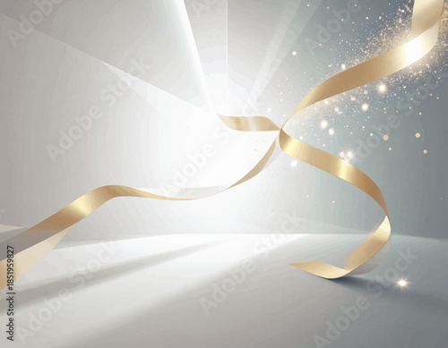 Golden Ribbon of Elegance: A sinuous golden ribbon elegantly dances across a minimalist backdrop, creating a sense of celebration and refined beauty, with a touch of magic.