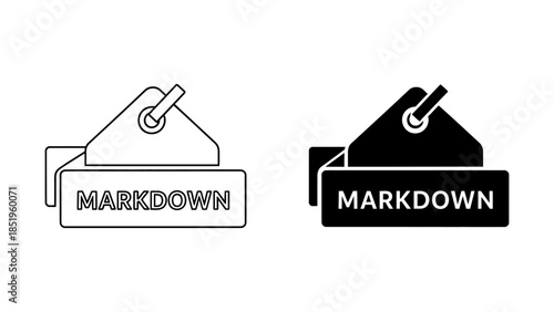 Black and White Markdown Price Tag Icons, Outline and Filled Styles