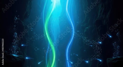 Abstract glowing blue and green energy wave flowing vertically in dark mysterious underwater or deep space environment