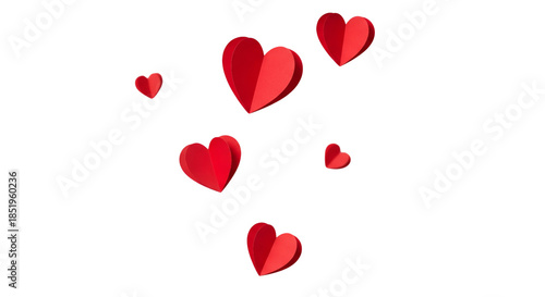 Valentine Day background with red and pink paper hearts on white background, top view