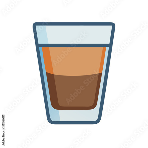 Cartoon shot glass with brown liquid on white background