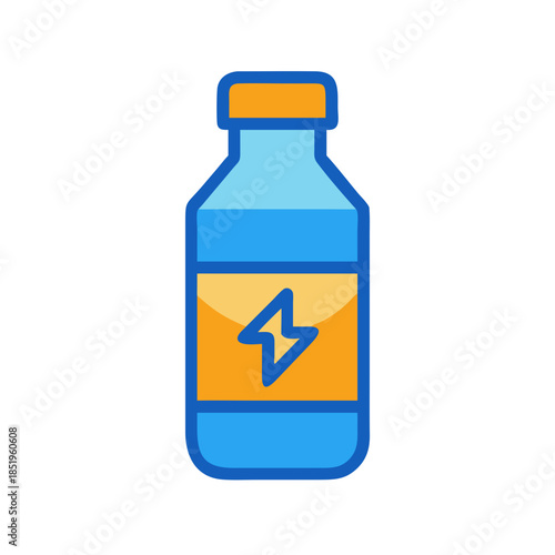 Blue energy drink bottle with yellow lightning bolt graphic