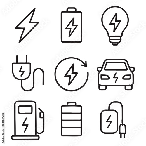 Containing charge, battery, energy, electricity, charger, recharge, electric car, charging station. Charging outline icon set vector