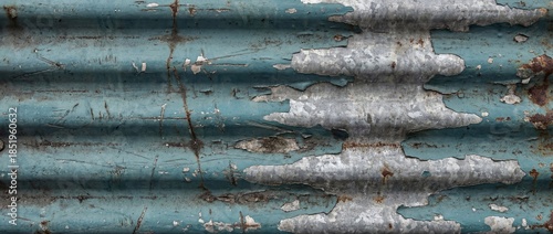 Weathered corrugated metal sheet with peeling paint and rust, representing decay and industrial texture
