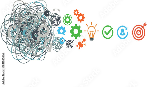 Simplifying Process Icon Set Showing Complex to Simple Problem Solving.