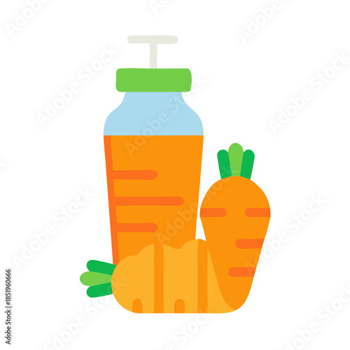 Carrot juice bottle and fresh carrots illustration, flat design