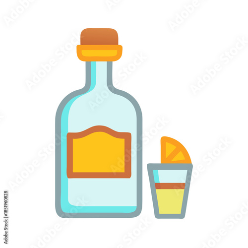 Stylized tequila bottle and shot glass against white background