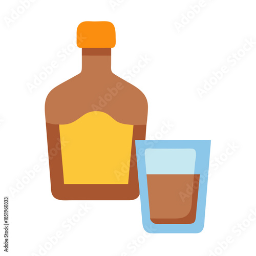 Whiskey bottle and glass still life on white background