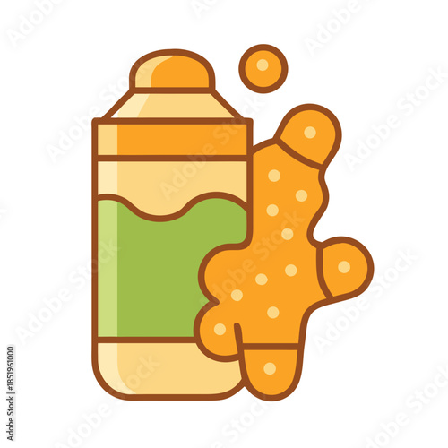 Ginger juice bottle with ginger root on white background