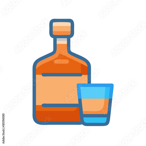 Bottle of liquor with full glass on white background