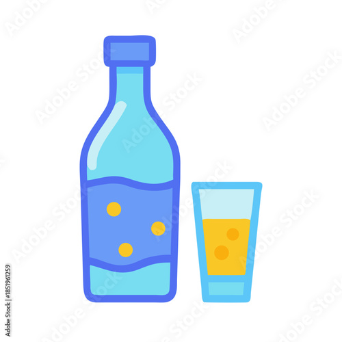 Bottle and glass of bubbly beverage on white backdrop