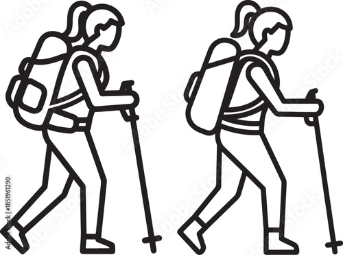 Two hikers with backpacks and trekking poles outline icons