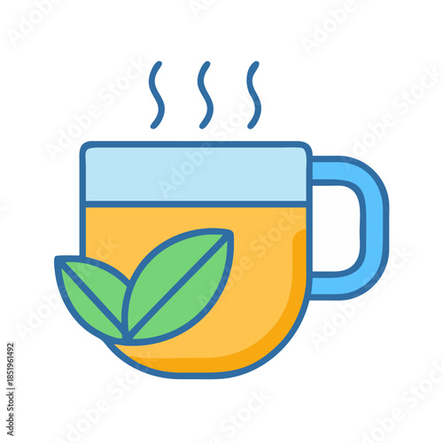 Steaming cup of herbal tea with fresh green leaves