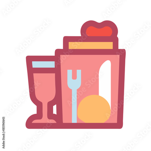 Stylized graphic of flatware and drinkware against a white background