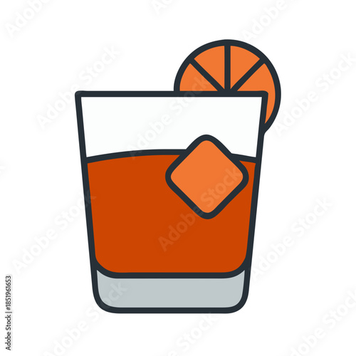Old fashioned cocktail flat vector icon with orange garnish