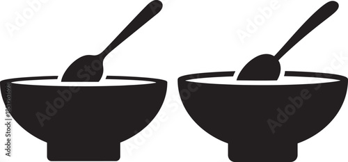 Two bowls of cereal or soup with spoons silhouettes