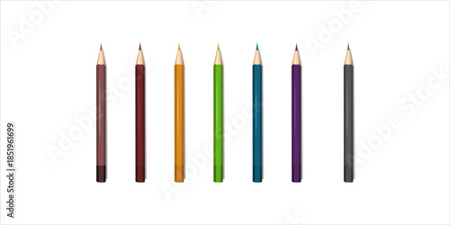 Colored pencils set arranged in row red orange blue brown isolated on white background perfect for school stationery design art supplies vector illustration
