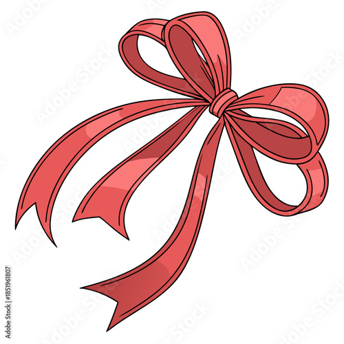 A neatly tied red ribbon bow with two loops and pointed trailing ends, rendered in a smooth, three-dimensional style.