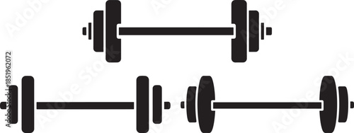 Set of three dumbbell icons with varying weights isolated on white