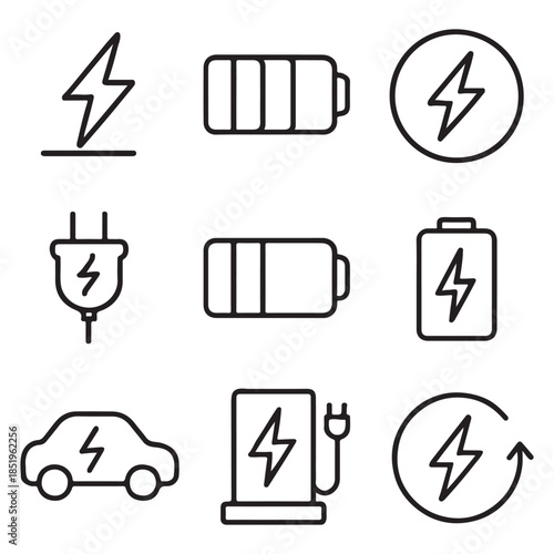Containing charge, battery, energy, electricity, charger, recharge, electric car, charging station. Charging outline icon set vector