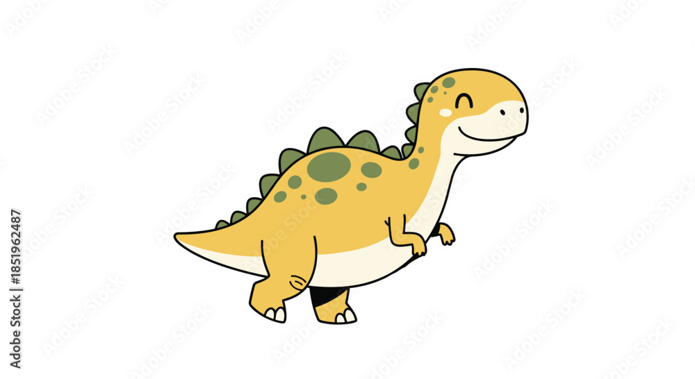 Fototapeta premium Adorable cartoon dinosaur character with green spots and a friendly smile in a simple flat design style on a clean white background.