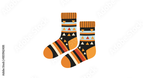 Vibrant pair of patterned socks showcasing a modern geometric design in a lively combination of orange blue and black colors perfect for cozy style.