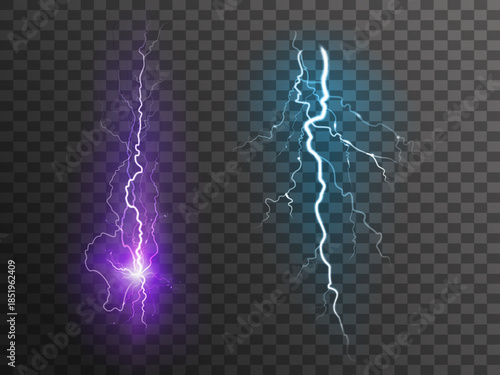 Dramatic branched lightning bolt isolated on black background electrical energy storm thunderbolt power strike natural phenomenon electric vector illustration