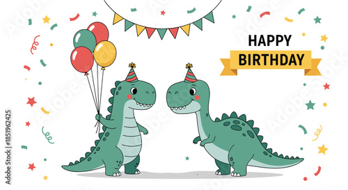Cheerful "Happy Birthday" illustration featuring two adorable cartoon dinosaurs in party hats holding balloons and surrounded by festive confetti and garlands.