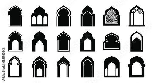 Extensive collection of diverse Islamic arch and window silhouettes showcasing various architectural styles in a bold black monochrome design on a pristine white background.