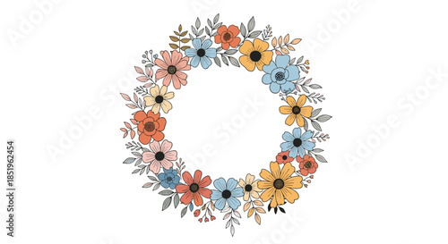 Delicate floral wreath illustration crafted with colorful small flowers and green leaves arranged in a circular design on a crisp white background conveying charm and natural beauty.