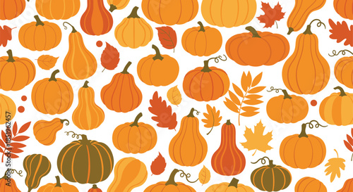 Festive autumn seamless pattern showcasing a delightful variety of pumpkins and squash alongside colorful fall leaves in warm orange green and brown tones on a clean white background.