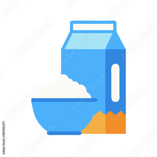 Illustration of milk carton and cereal bowl against black