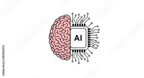 Conceptual illustration depicting a human brain half connected to an AI chip with intricate circuit lines representing artificial intelligence and technological integration.