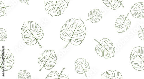 Modern seamless pattern featuring scattered delicate line art monstera leaves on a pristine white background creating a minimalist tropical aesthetic.