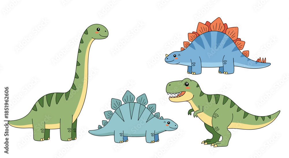 Fototapeta premium Adorable collection of cute cartoon dinosaurs featuring a friendly Brontosaurus a cheerful Stegosaurus and a happy T-Rex on a white background.